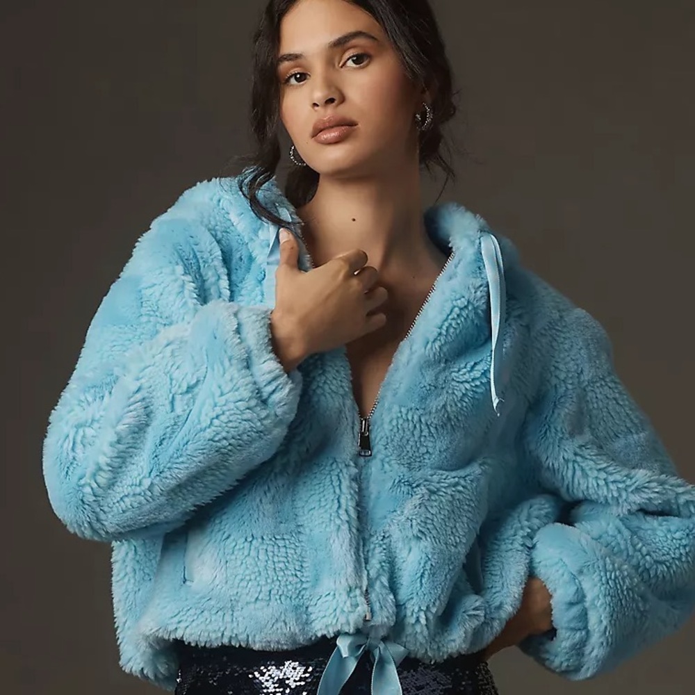 By Anthropologie Cropped Faux Fur Hoodie Jacket NWT - Picture 2 of 13